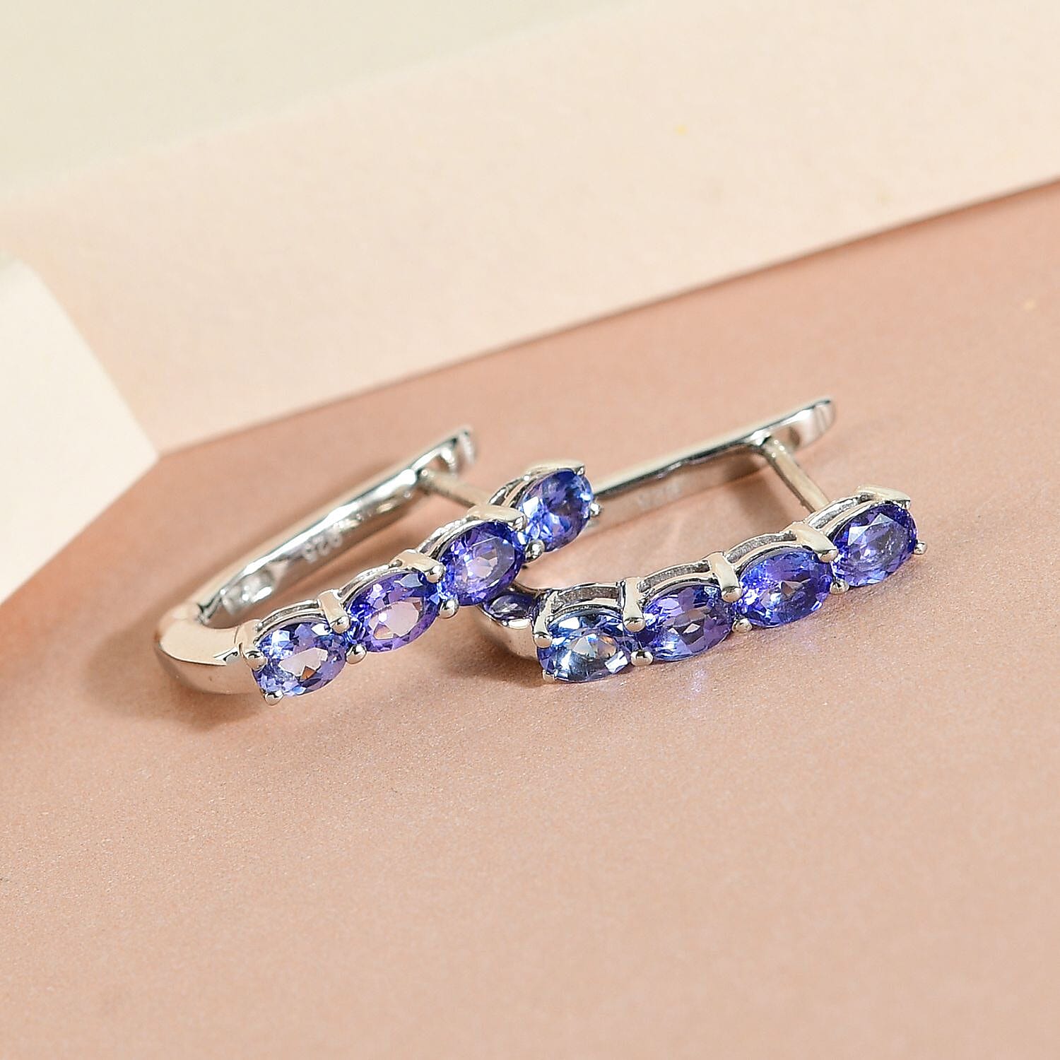 Tanzanite Hoop Earrings with Clasp in Platinum Overlay Sterling Silver 1.36 Ct.